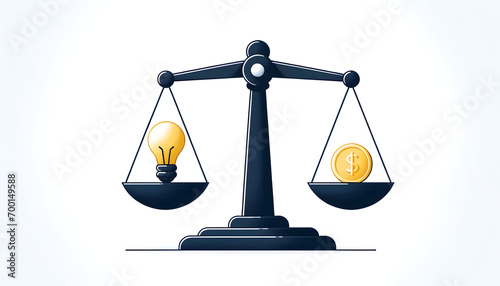 A classic balanced scale, typically used to symbolize justice and balance, where on one side there's a bright, glowing light bulb, and on the other, a shiny gold coin with a dollar sign on it. photo