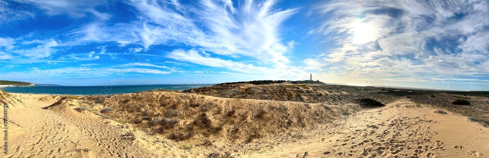 panorama view at Faro de Trafalgar, lighthouse at a sandy dune headland between Los Caños de Meca and Zahora, Conil de la Frontera, Vejer de la Frontera, Costa de la Luz, Andalusia, Spain