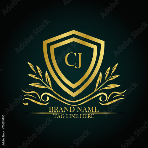 CJ luxury letter logo template in gold color. Elegant gold shield icon. Modern vector Royal premium logo template vector