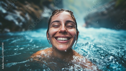 Happiness in Swimming: A Woman's Joyful Laughter in Refreshing Water Amidst Nature © Superhero Woozie
