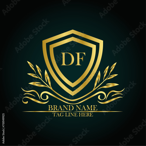 DF luxury letter logo template in gold color. Elegant gold shield icon. Modern vector Royal premium logo template vector