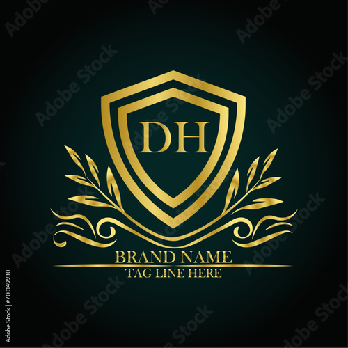 DH luxury letter logo template in gold color. Elegant gold shield icon. Modern vector Royal premium logo template vector