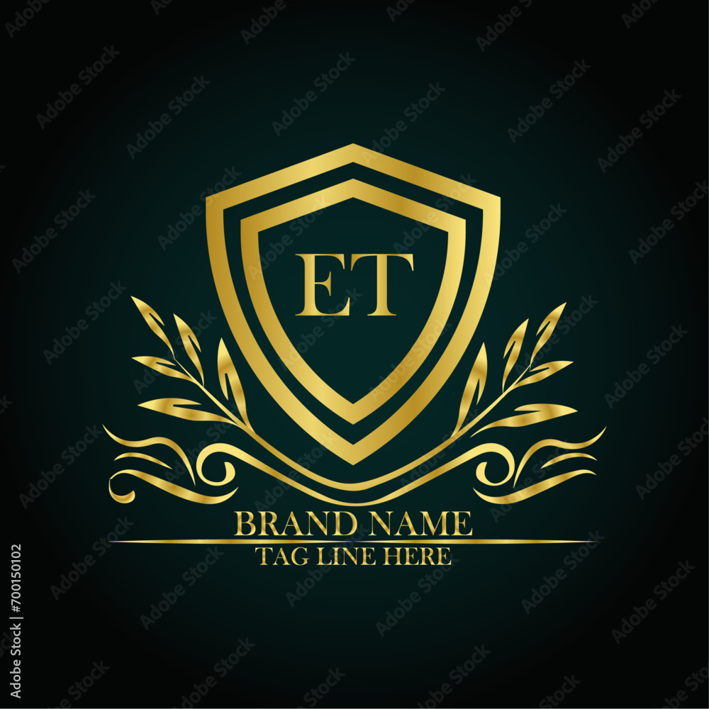 ET luxury letter logo template in gold color. Elegant gold shield icon. Modern vector Royal premium logo template vector