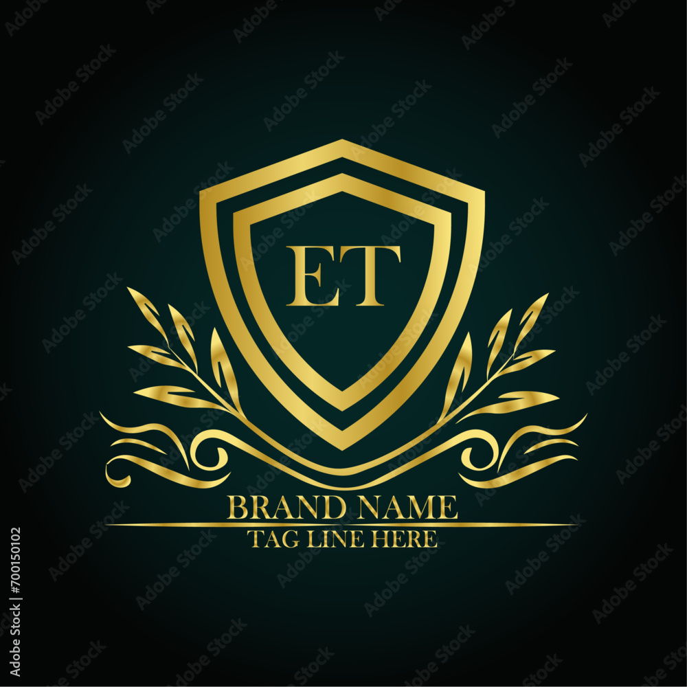 ET luxury letter logo template in gold color. Elegant gold shield icon. Modern vector Royal premium logo template vector ET luxury letter logo template in gold color. Elegant gold shield icon. Modern vector Royal premium logo template vector