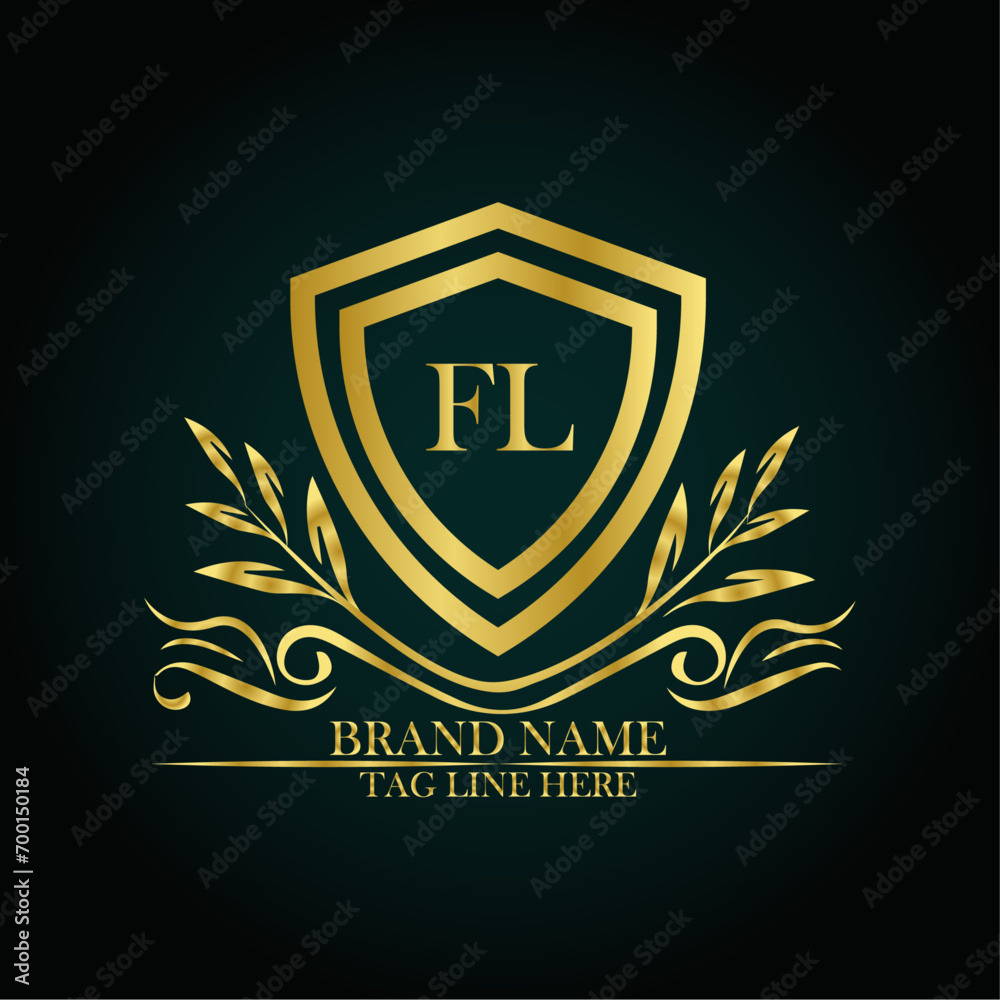 FL luxury letter logo template in gold color. Elegant gold shield icon. Modern vector Royal premium logo template vector