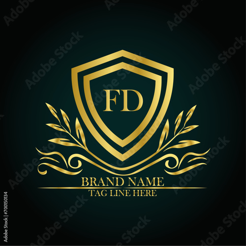 FD luxury letter logo template in gold color. Elegant gold shield icon. Modern vector Royal premium logo template vector