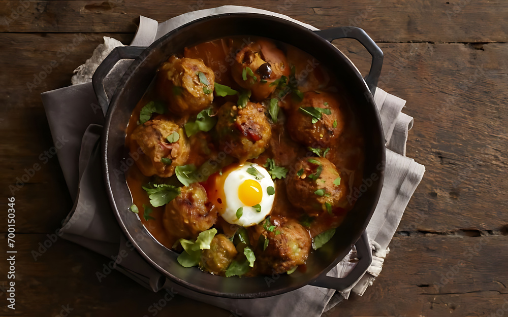 Capture the essence of Moroccan Meatball and Egg Tagine in a mouthwatering food photography shot Capture the essence of Moroccan Meatball and Egg Tagine in a mouthwatering food photography shot