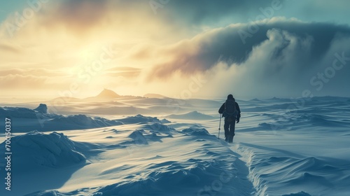 Solitary Explorer: Winter Journey through Snow and Ice at Sunrise in the Vast Wilderness