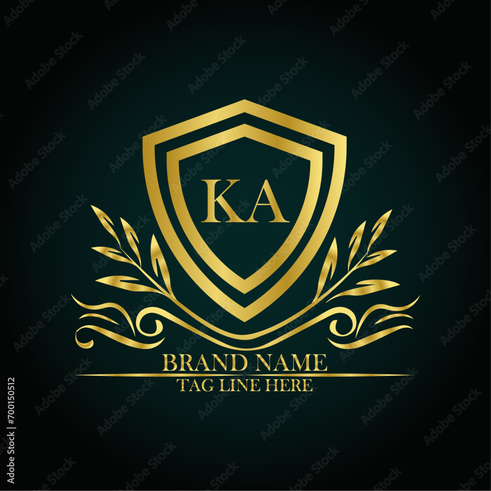 KA luxury letter logo template in gold color. Elegant gold shield icon. Modern vector Royal premium logo template vector