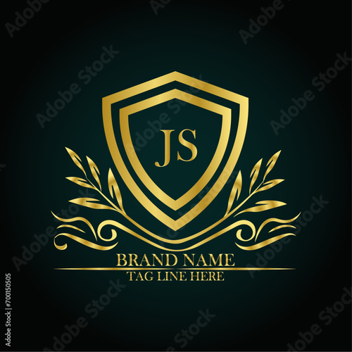 JS luxury letter logo template in gold color. Elegant gold shield icon. Modern vector Royal premium logo template vector