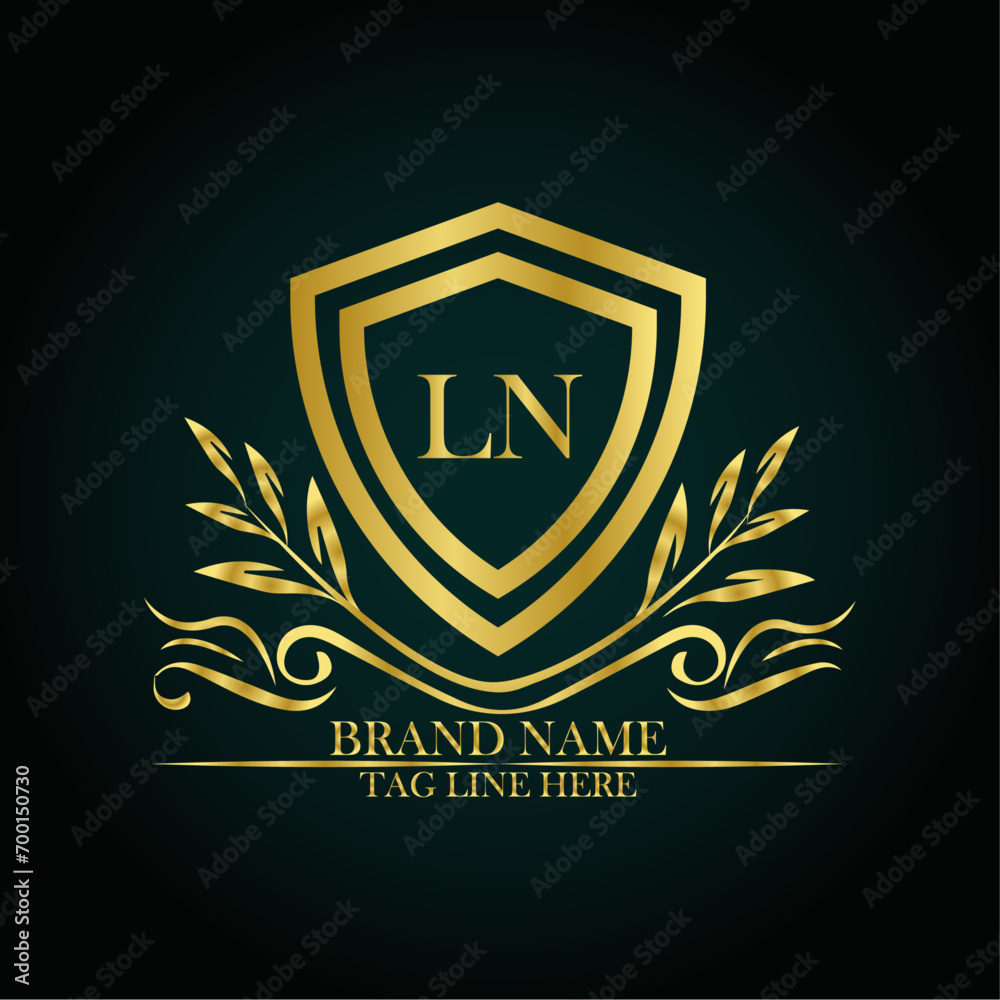 LN luxury letter logo template in gold color. Elegant gold shield icon. Modern vector Royal premium logo template vector LN luxury letter logo template in gold color. Elegant gold shield icon. Modern vector Royal premium logo template vector