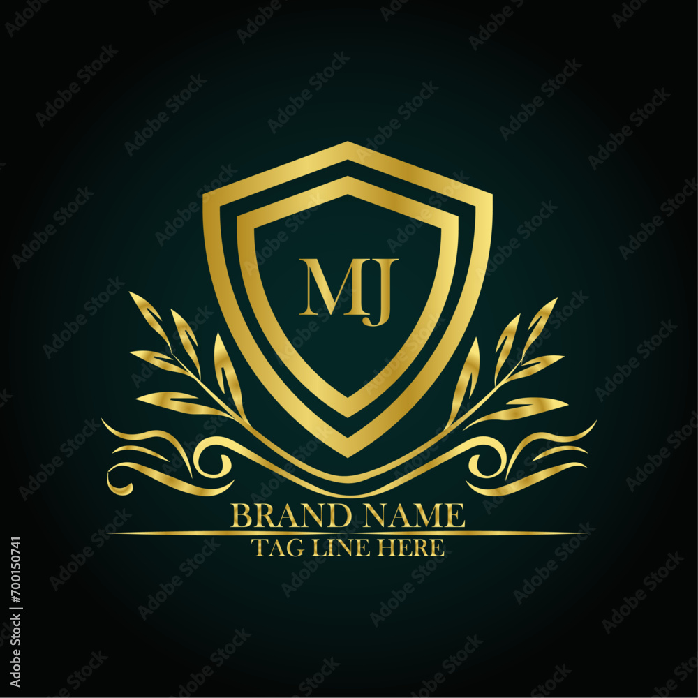 MJ luxury letter logo template in gold color. Elegant gold shield icon. Modern vector Royal premium logo template vector