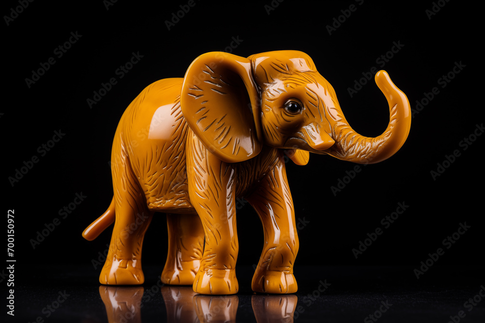 Elefante feito de pedra de ambar amarela isolado no fundo preto