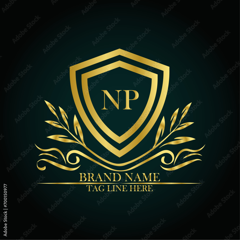 NP luxury letter logo template in gold color. Elegant gold shield icon. Modern vector Royal premium logo template vector NP luxury letter logo template in gold color. Elegant gold shield icon. Modern vector Royal premium logo template vector