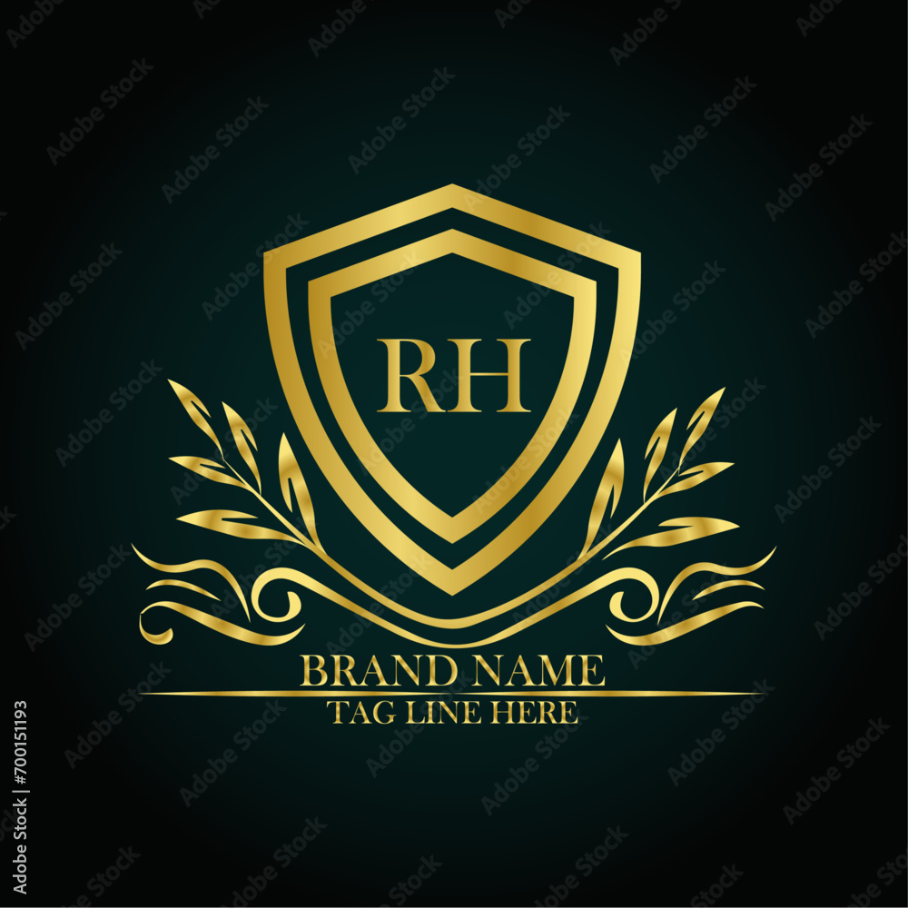 RH luxury letter logo template in gold color. Elegant gold shield icon. Modern vector Royal premium logo template vector RH luxury letter logo template in gold color. Elegant gold shield icon. Modern vector Royal premium logo template vector