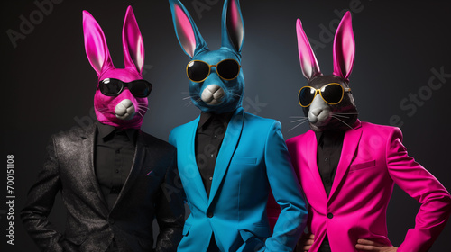 Tres coelhos antropomórficos vestidos como astros do Rock e do Pop - Papel de parede photo