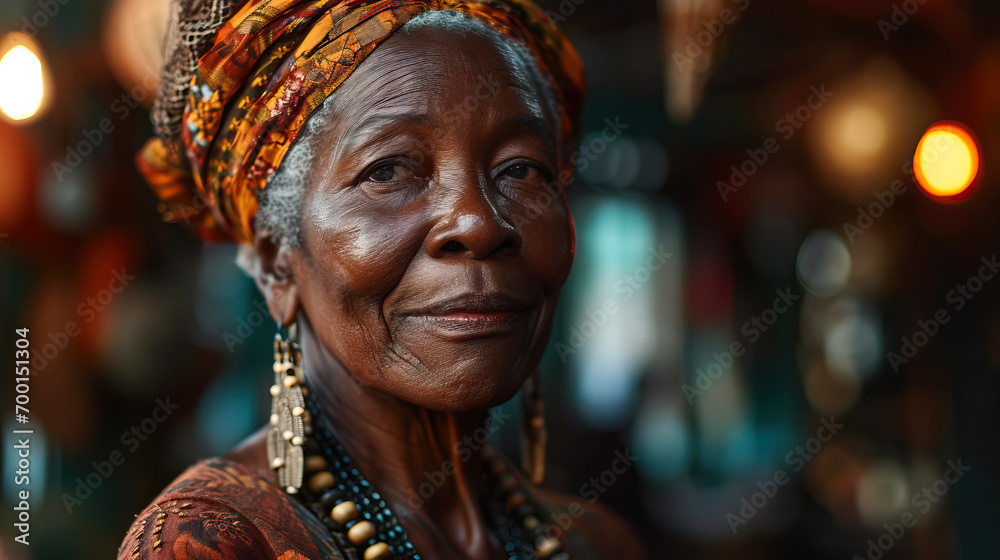 Portrait of a Wise and Beautiful Older African Senior Woman, Radiating a Timeless Smile that Captures the Essence of Life at Every Age