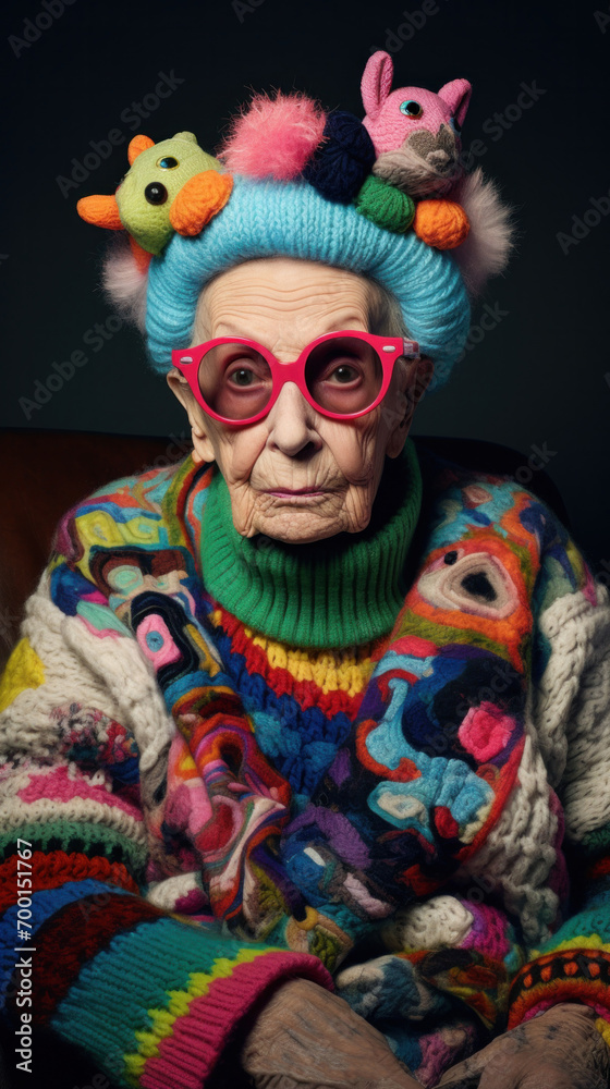 An old woman wearing a knitted hat and glasses