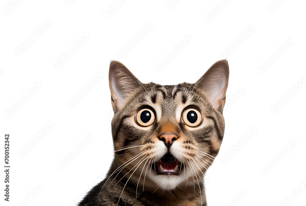Crazy cat’s close-up reveals big eyes filled with surprise, Isolated on Transparent Background, PNG