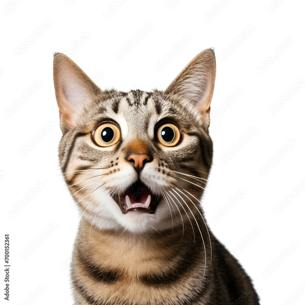 Crazy cat’s close-up reveals big eyes filled with surprise, Isolated on Transparent Background, PNG Crazy cat’s close-up reveals big eyes filled with surprise, Isolated on Transparent Background, PNG