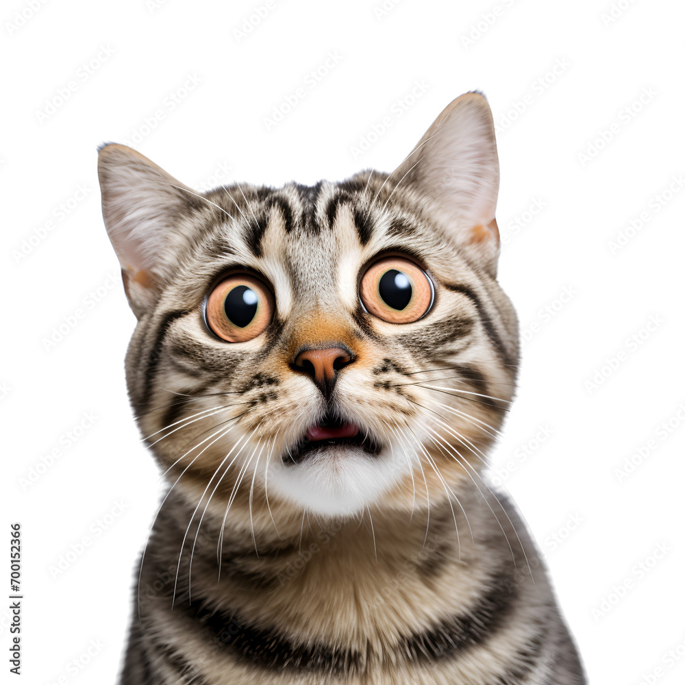 Surprised cat with big eyes shows a crazy expression in a close-up, Isolated on Transparent Background, PNG Surprised cat with big eyes shows a crazy expression in a close-up, Isolated on Transparent Background, PNG