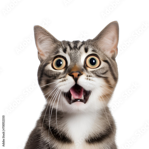 Astonished cat with big eyes gives a close-up of its crazy surprise, Isolated on Transparent Background, PNG