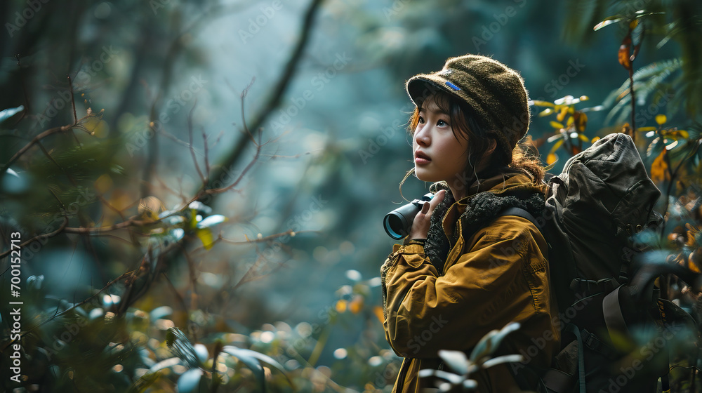 Adventure Amidst Nature: Korean Teen Girl Explores a Forest Trail with Backpack and Binoculars, Eagerly Unveiling the Thrill of Discovering Wonders in the Heart of the Wilderness.