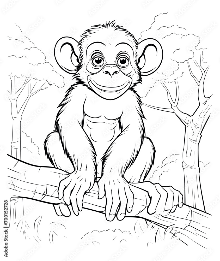 Monkey illustration coloring page - coloring book for kids