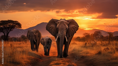 portrait of elephant herd in african savanna walking © Barosanu
