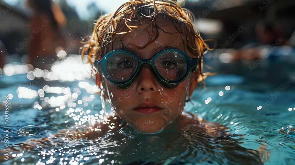 Fototapeta premium Aquatic Joy: Kid Wearing Swimming Goggles Enthusiastically Swimming in an Outdoor Pool of Crystal-clear Water, Embracing the Refreshing Delight of a Splashing Adventure.