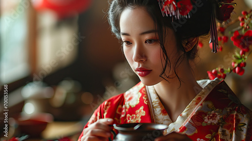 Japanese Geisha Serving Tea in a Traditional Red Robe, Radiating Grace and Elegance in a Moment Captured with Timeless Beauty.