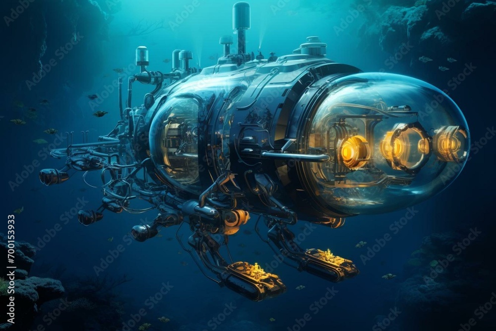Underwater vessel with projectile weapons. Generative AI - obrazy, fototapety, plakaty 