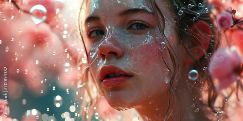 Futuristic Skincare Campaign: Gen Z Woman with Flawless Skin, Playing with Giant Pastel Pink Soap Bubbles, Embracing a Modern and Playful Aesthetic.