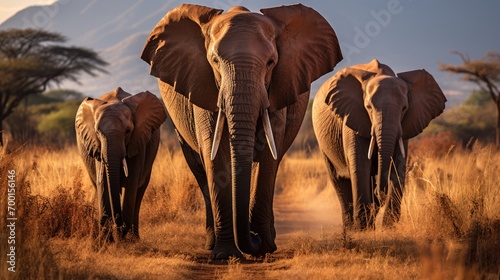 portrait of elephant herd in african savanna walking