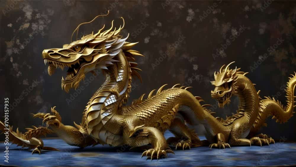 a gleaming golden dragon sculpture against a bluish background. a gleaming golden dragon sculpture against a bluish background.