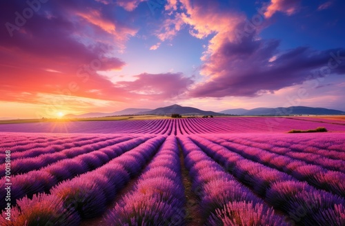 purple lavender flowers bloom on fields in the evening sun at sunrise