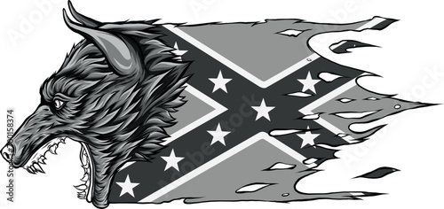 monochromatic Head of Aggressive Wolf woth confederate flag