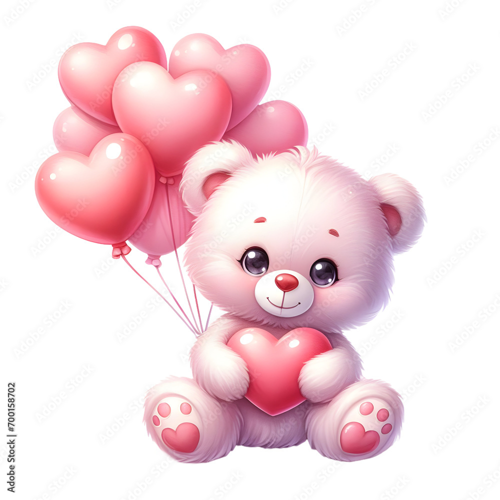 Obraz premium Watercolor Valentine Cute Teddy Bear With Heart Shaped Red Balloons Clipart PNG Graphic, AI Generated.