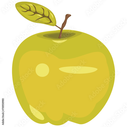 A beautiful, delicious apple. The fruit is drawn together with a leaf, in a flat form