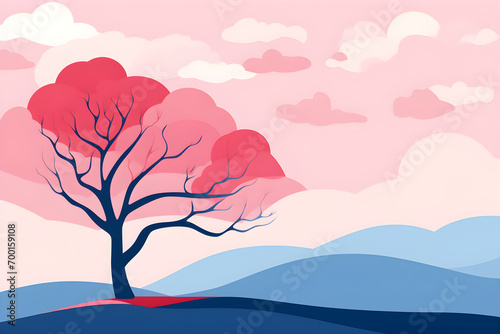 sunny spring landscape with blossoming tree on the hill. Rose petals fly from sakura. Fluffy cartoon clouds on a clear sky. Gardens and mountains in the background. on generative AI 