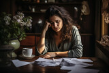 Worried sad woman checking household expenses bills and invoices. Financial, debt problem concept