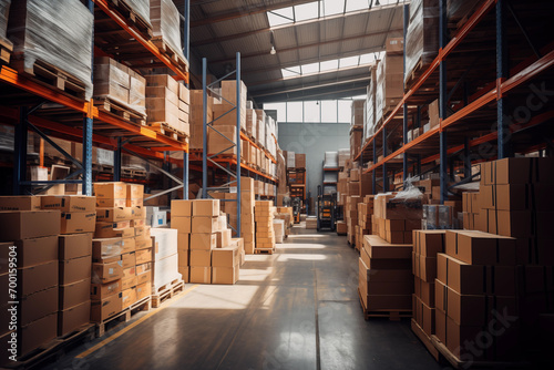 Full of boxes on shelves in storage warehouse. Shipment goods shipping warehouse logistics © Patcharaphon