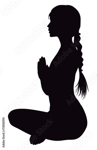 ヨガの「合掌ポーズ」をする女性シルエット_横から_ベクター