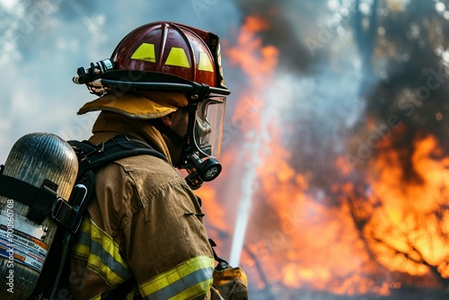 A heroic firefighter takes center stage amidst the backdrop of roaring flames, illustrating the fearless spirit and readiness to confront the heat of emergencies. © Martin
