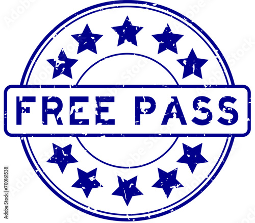 Grunge blue free pass word with star icon round rubber seal stamp on white background