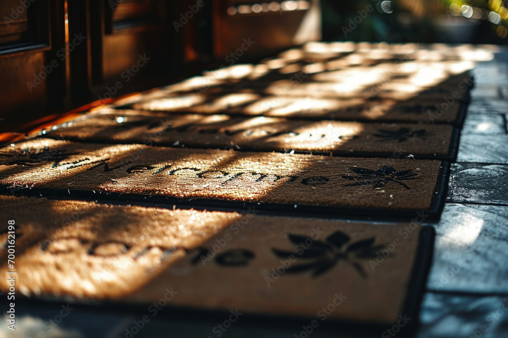 organized photo featuring a row of "Welcome" text on mats with a consistent design, creating a visually pleasing and elegant entrance arrangement. Minimalistic photo - obrazy, fototapety, plakaty 