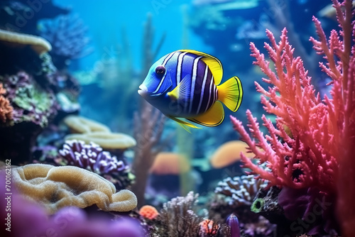 Close up of fish and the coral reef in an underwater sea. Travel concept of holiday and vacation.