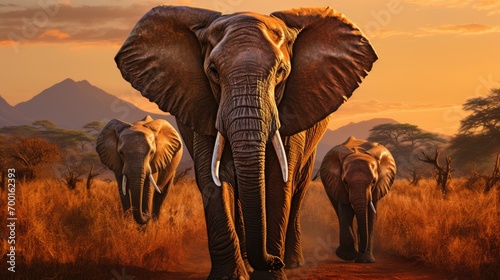 portrait of elephant herd in african savanna walking © Barosanu