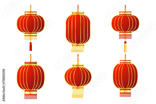 Set of colorful red Chinese lanterns with golden dragons and ornaments. Decor elements  vector