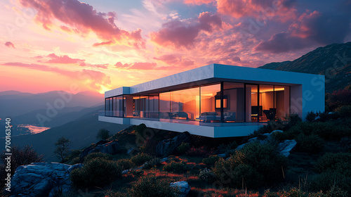 Refugio Moderno: Casa Minimalista con Vistas al Atardecer Montañoso